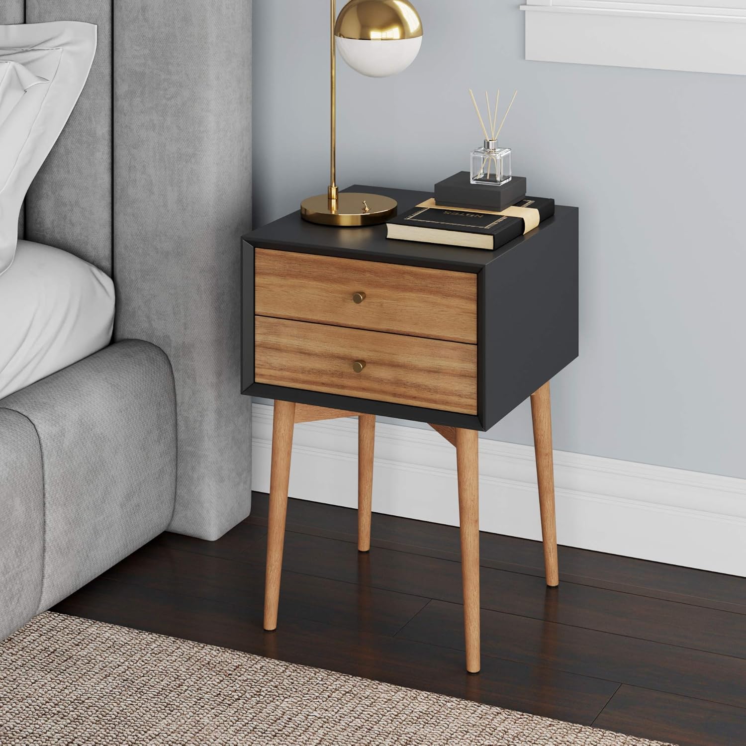 Nathan James Harper Mid-Century Side Table, 2-Drawer Wood Nightstand, Black/Brown: Furniture & Decor