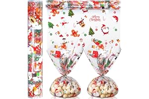 Gueevin Christmas Cellophane Wrapping Paper 100 ft x 16 Inch 2.5 Mil Thick Cello Wrap Roll Clear Xmas Tree Santa Paper Wrapper Snowman Cellophane Gift Wrap for Treat Small Basket Craft Holiday