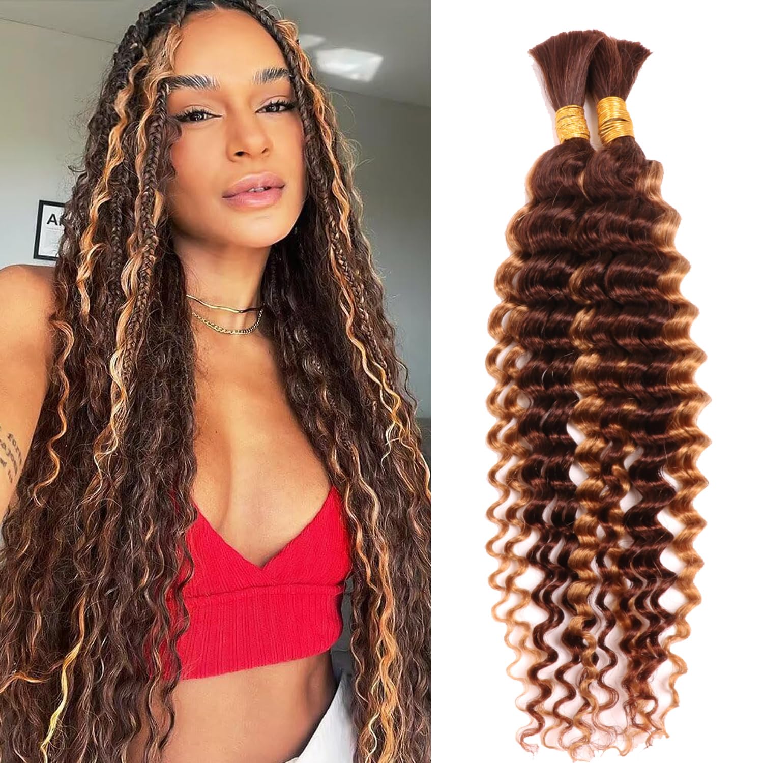 Boho Braids Human Hair Extensions 100g 2 Bundles No Weft Human Braiding Hair for Knotless Braids Wet and Wavy Deep Wave Bulk Human Hair For Women (P4/27#, 14Inch 100g(50gx2Bundles))