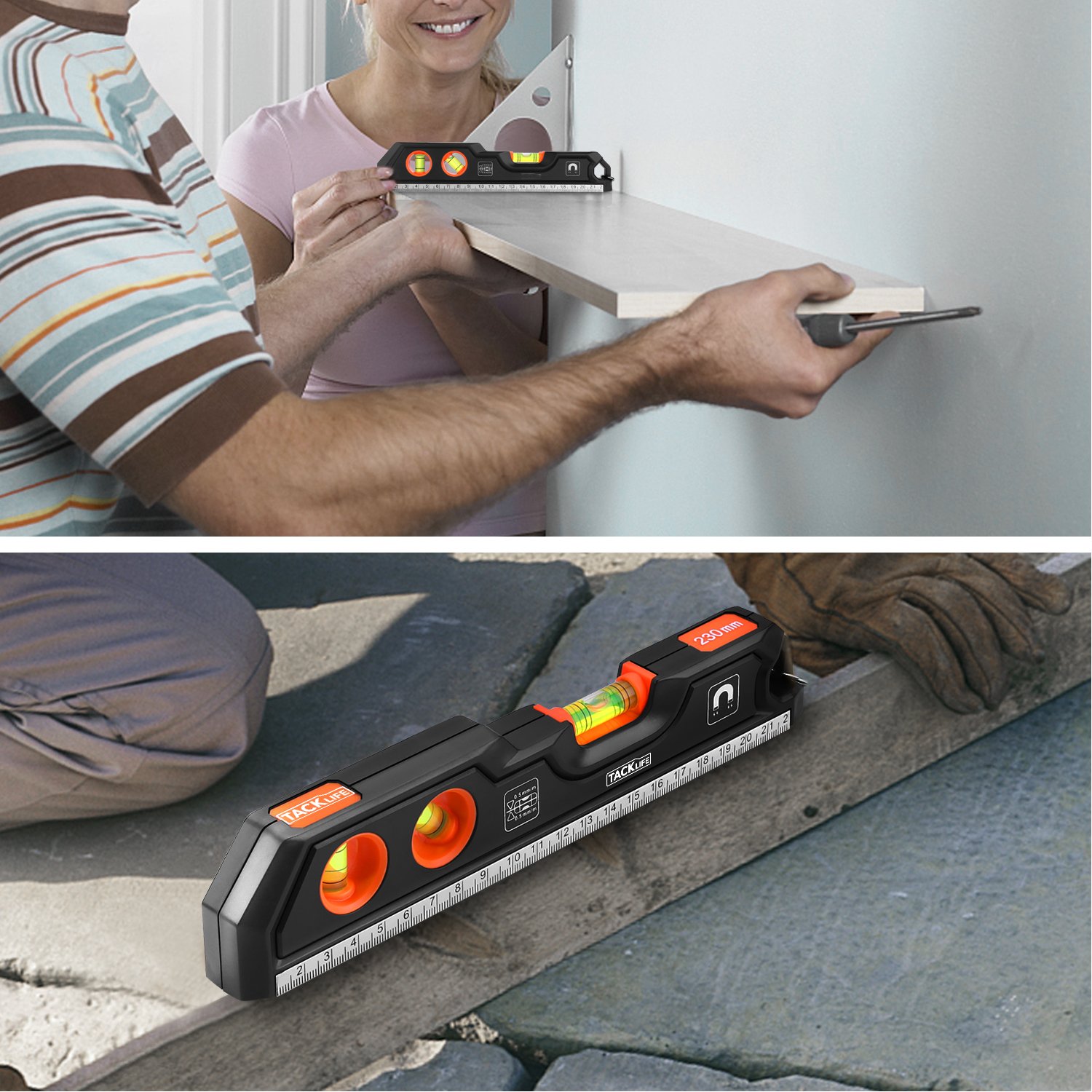 Nivel de burbuja, TACKLIFE -MT-L05-230mm Nivel torpedo magnética, Nivel tubular industrial con tres formas de medición para medir horizontal y vertical, 45 °de ángulo, con Agujero de Suspensión