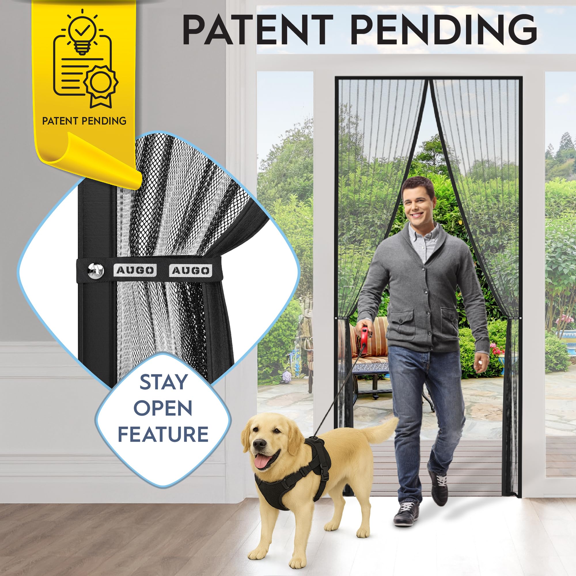 AUGO Magnetic Screen Door - Self Sealing, Heavy Duty, Hands Free Mesh Partition Keeps Bugs Out - Pet and Kid Friendly - Patent Pending Keep Open Feature - 38 Inch x 83 Inch