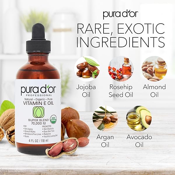 PURA D’OR 4 OZ ORGANIC VITAMIN E OIL BLEND 70,000 IU – 100% NATURAL HEXANE FREE, SWEET ALMOND, APRICOT, JOJOBA, ARGAN, ROSEHIP, SUNFLOWER & AVOCADO BATH OIL FOR SCARS, SKIN, FACE & FULL BODY