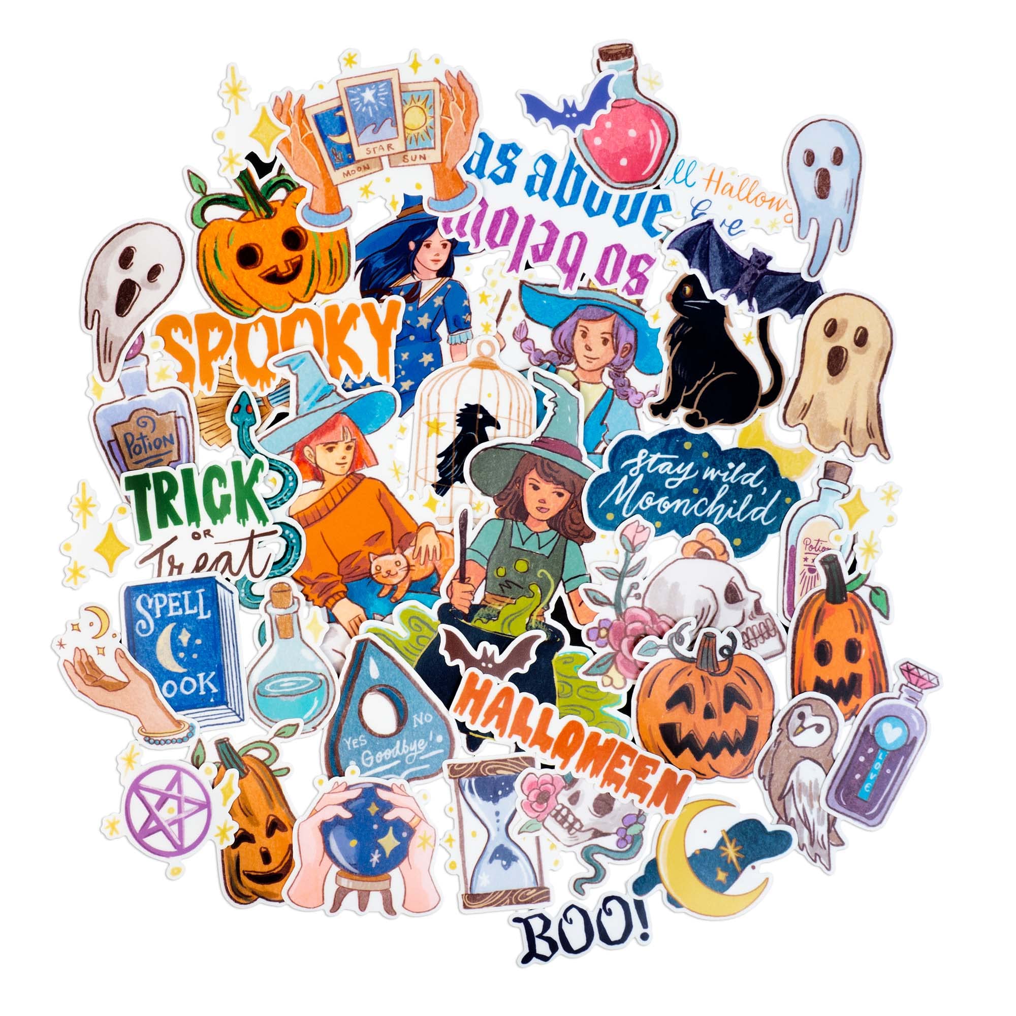 Navy Peony Halloween and Witchcraft Sticker Set (42 Pieces)- Cute, Waterproof, Durable | Practical Magic Stickers for Crafts, Gifts, Water Bottles