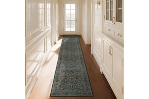 HAZO HAUS Washable Dark Green 2x10 Runner Rug for Hallway, Kitchen, 10 ft Non Slip Stain Resistant Extra Long Soft Rugs, Vintage Floral Unique Botanical Floor Mat