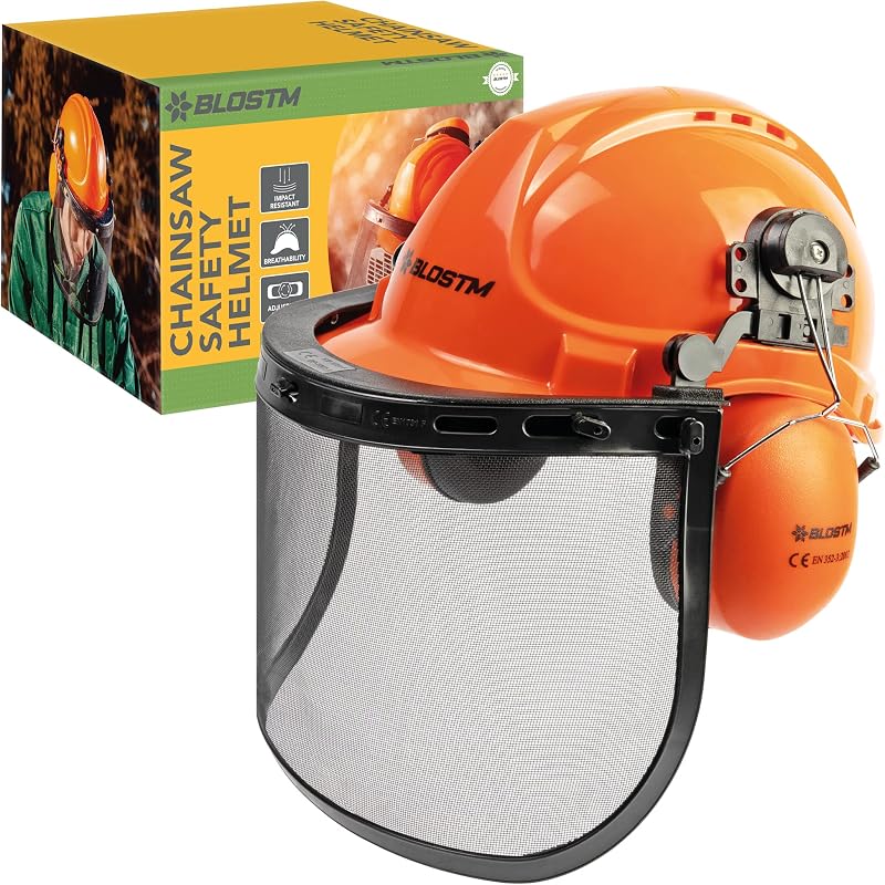 BLOSTM Chainsaw Safety Helmet 3 in 1 Orange Visor Ear Muffs Hard Hat