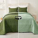 Cmfshape Reversible Queen Quilt Set - Lightweight Summer Bedspread for Queen Bed, All-Season Dual-Sided Coverlet, Full Quilt Bedspread & Quilt Coverlet with Shams - Olive Green/Sage Green
