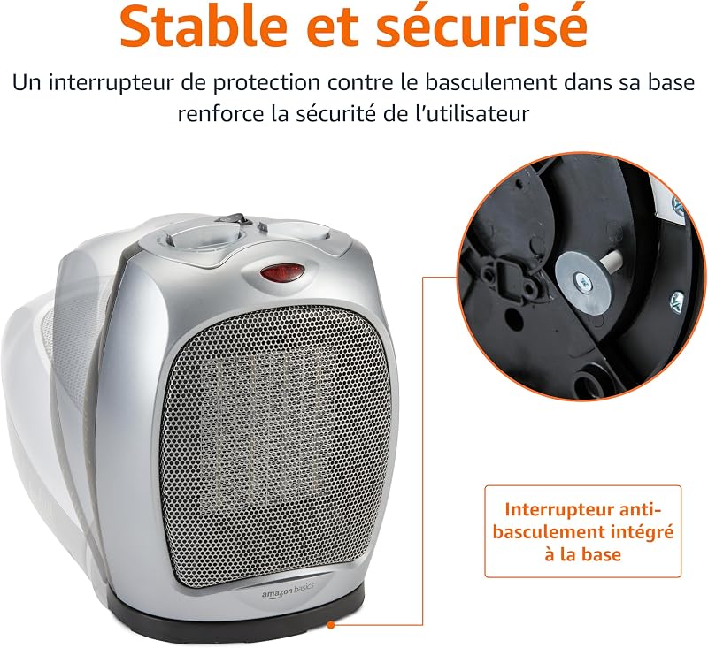 Radiateur soufflant et pivotant en céramique avec thermostat réglable 1800 W, Argenté