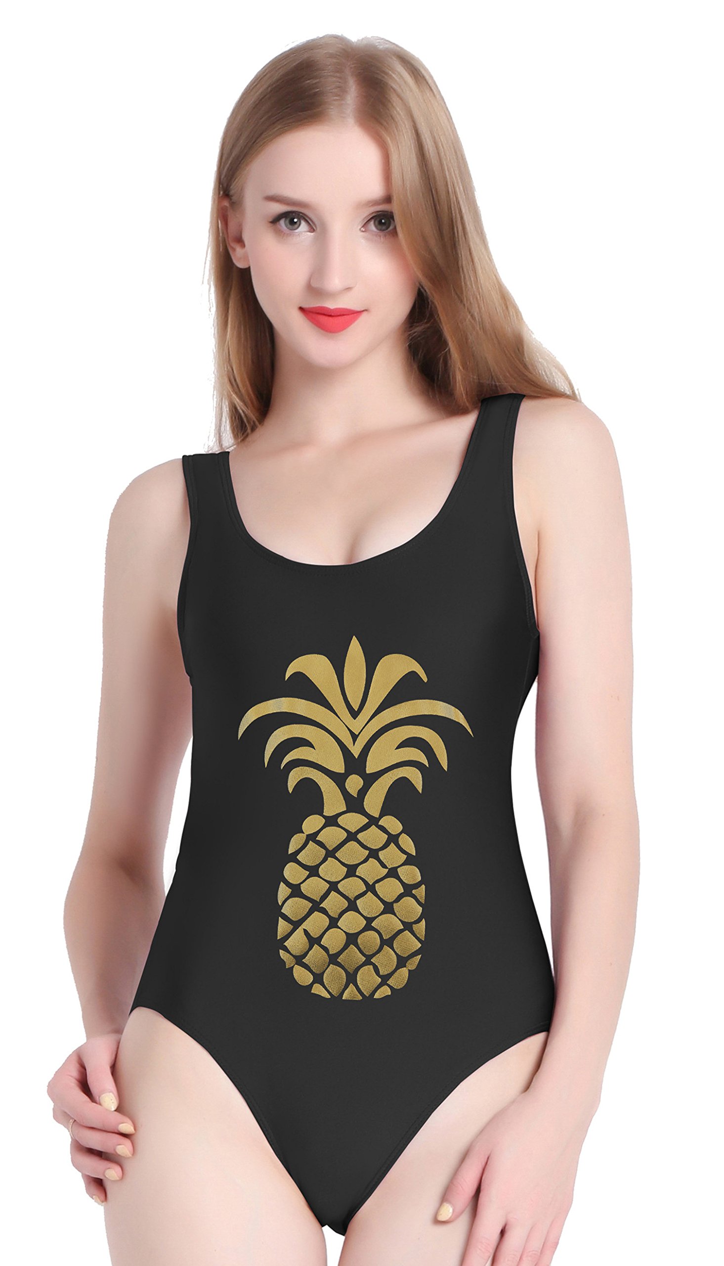 PINJIA Cute One Piece Swimsuit With High Cut and Low Back For Women Bathing Suits(XL, Gold Black Pineapple)