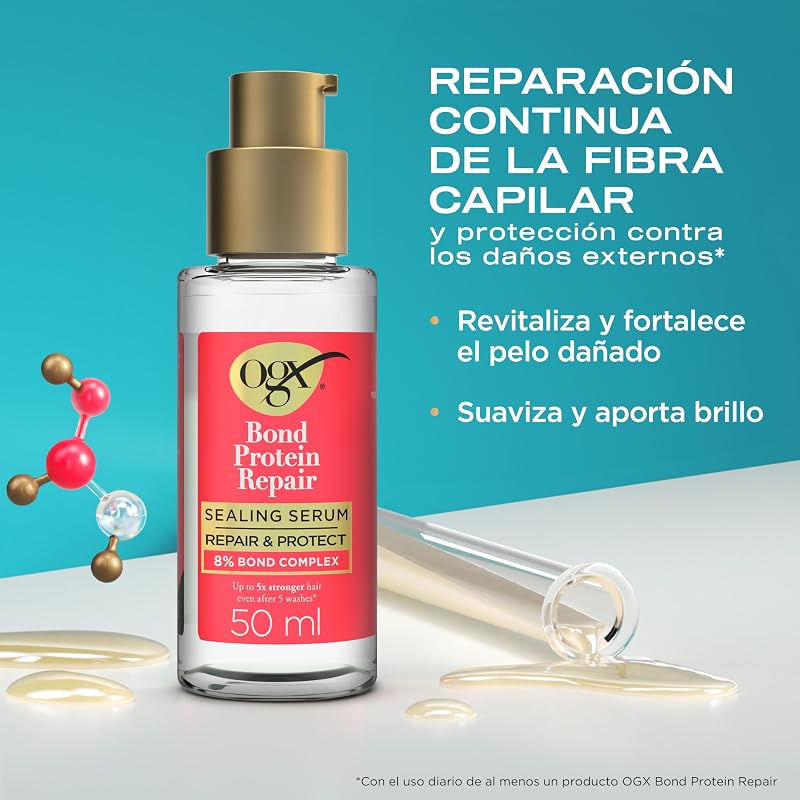 Bond Protein Repair Rutina con Champú OGX (385ml), Acondicionador (385ml) y Sérum Pelo(50ml), Tratamiento Hidratante Cabello para Pelo Seco y Dañado, Refuerza la Fibra Capilar, Sin Sulfatos