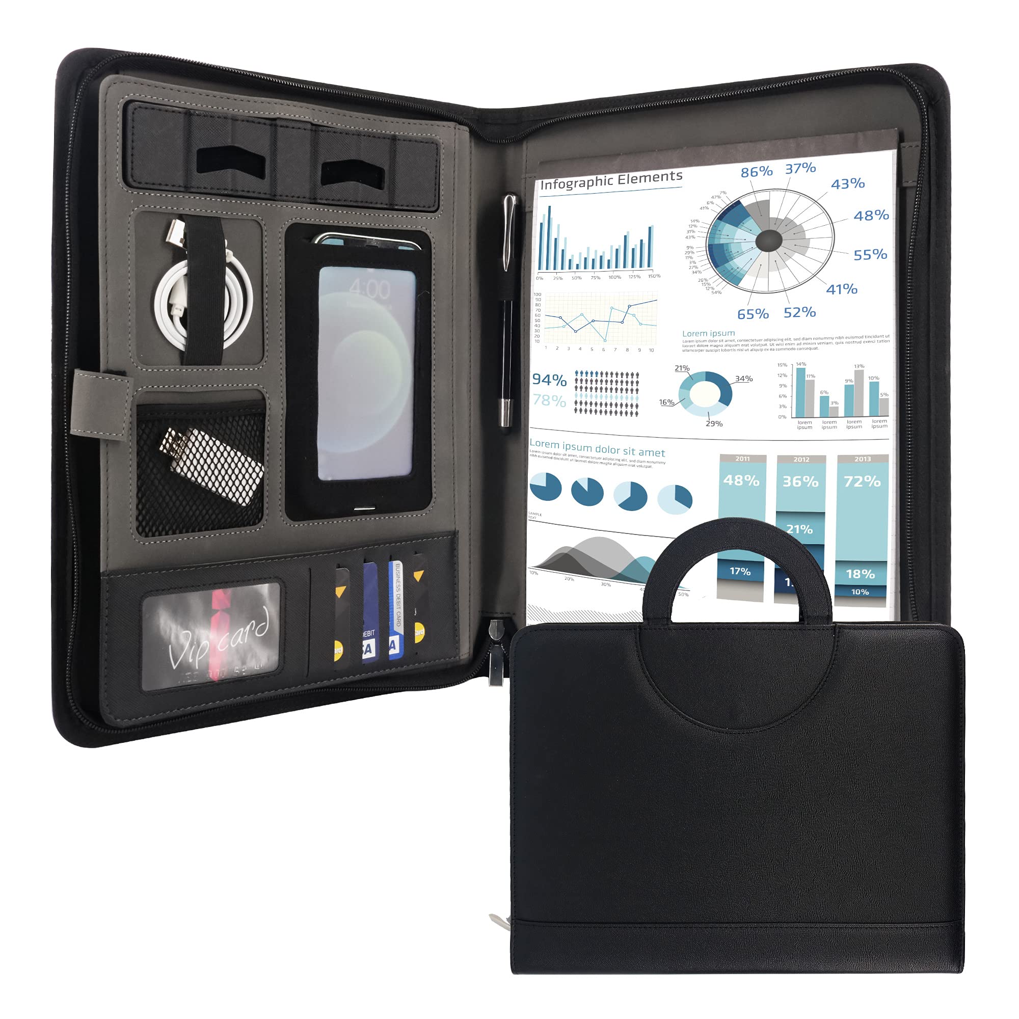 GraduationMall Zipped Conference Clipboard Folder A4 Portfolio with Magnetic Handle Storage Business Padfolio Organizer Notepad Folder Black