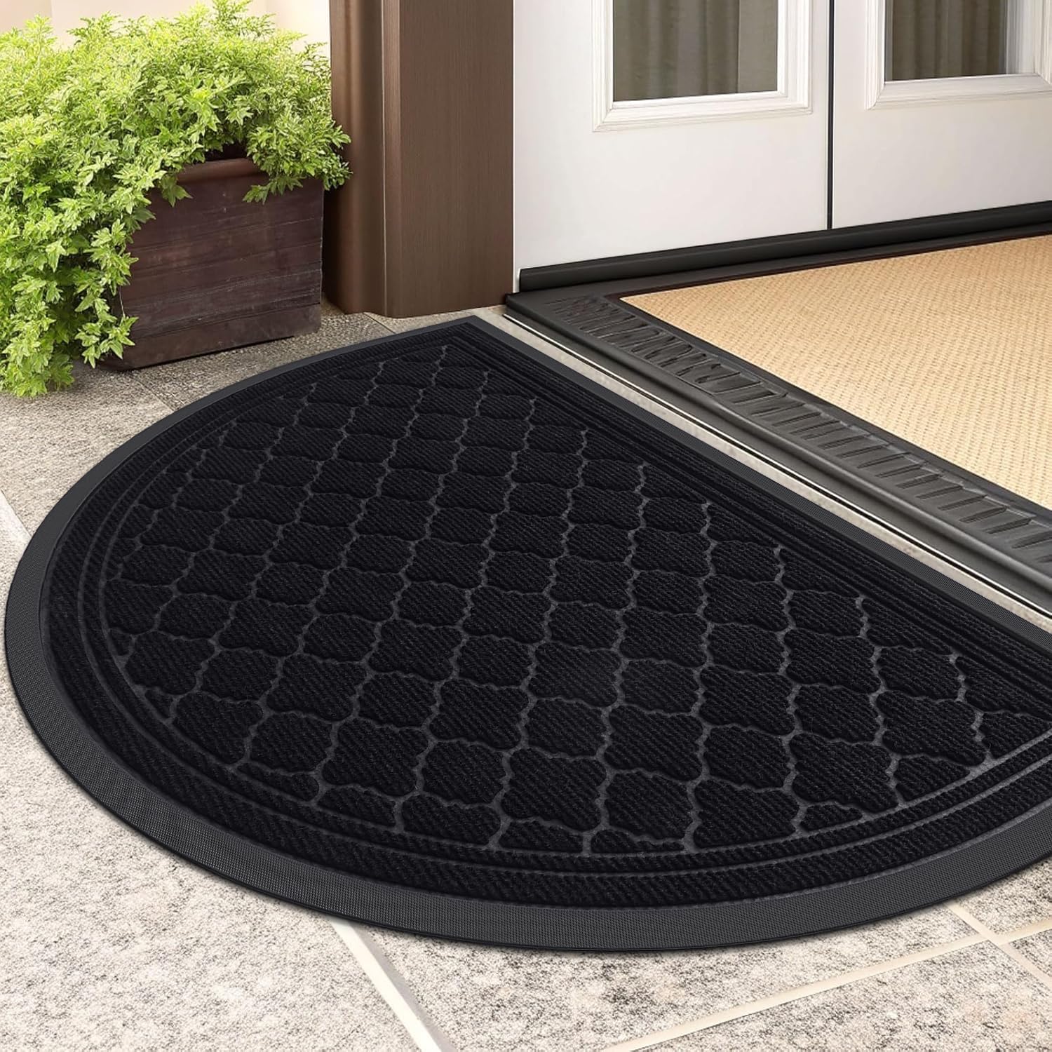 Homaxy Half Moon Door Mats Indoor, Non Slip Rubber Door Matts, Dirt Trapper Absorbent Doormat Outdoor, Washable Heavy Duty Floor Mat for Entrance, Front Door, Kitchen and Garden, 43 x 76 cm, Black