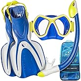 OCEANIC Snorkel Set – Snorkeling Gear, Panoramic Wide View, Tempered Glass Scuba Diving Mask, Snorkel, Fins & Mesh Gear Bag