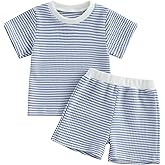 VISGOGO Boy Boy Girls Toddler Summer Outfit Striped T-shirt Toddler Boy Summer Clothes 6 12 18 Months 2 3 4 5 T Short Set
