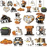 Sintuff 36 Pieces Halloween Tree Ornament Wooden Hanging Decorations Midget Truck Black Cat Pumpkin Ghost Ornaments with Rope Halloween Home Fireplace Sign Decor Pendant Gift for Craft