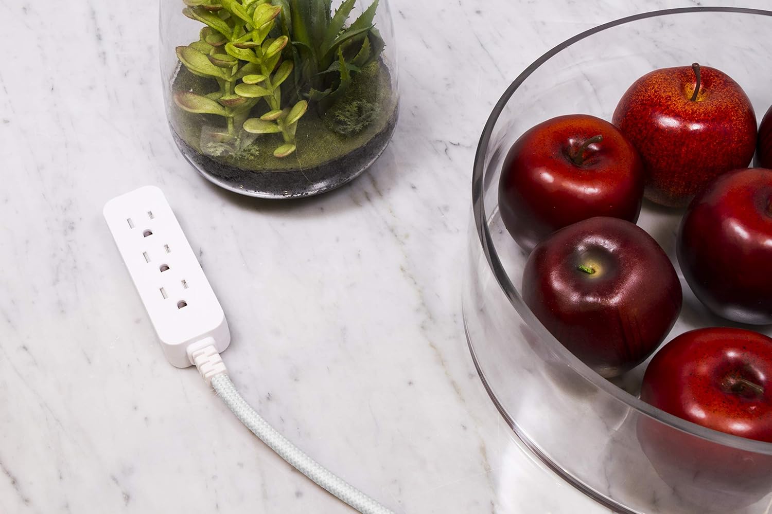 GE, White, Designer Power Strip, 6 Inch Braided Extension, 3 Grounded Outlets, Flat Plug, Mini Cord, Premium, 45190 - - 
