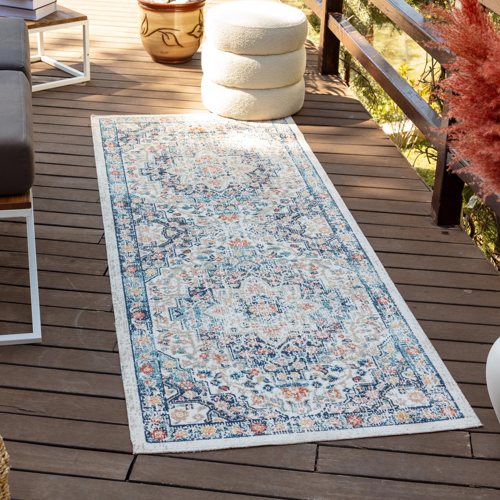Livabliss Safi Indoor Outdoor Rug - Large Boho Rugs for Living Room 160x213 cm Dining, Kitchen Carpet, Patterned Neutral and Coloured Rugs, Waterproof, Stain Durable - Blue, Rust and Beige