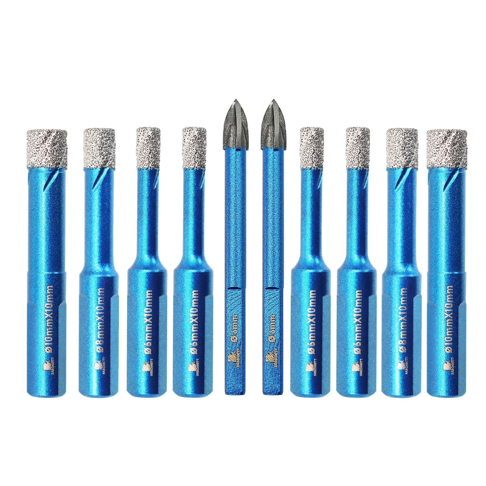 Dry Diamond Drill Bit Set,BRSCHNITT 10pcs 1/4,5/16,3/8inch Masonry Drill Bits with Triangle Shank for Porcelain Tile Ceramic Stone Granite Marble,Dry Drilling Diamond Core Drill Bit Kit