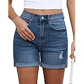 Vetinee Jean Shorts for Women Trendy High Waisted Distressed Ripped Stretchy Denim Shorts Fold Hem Summer Casual Jorts