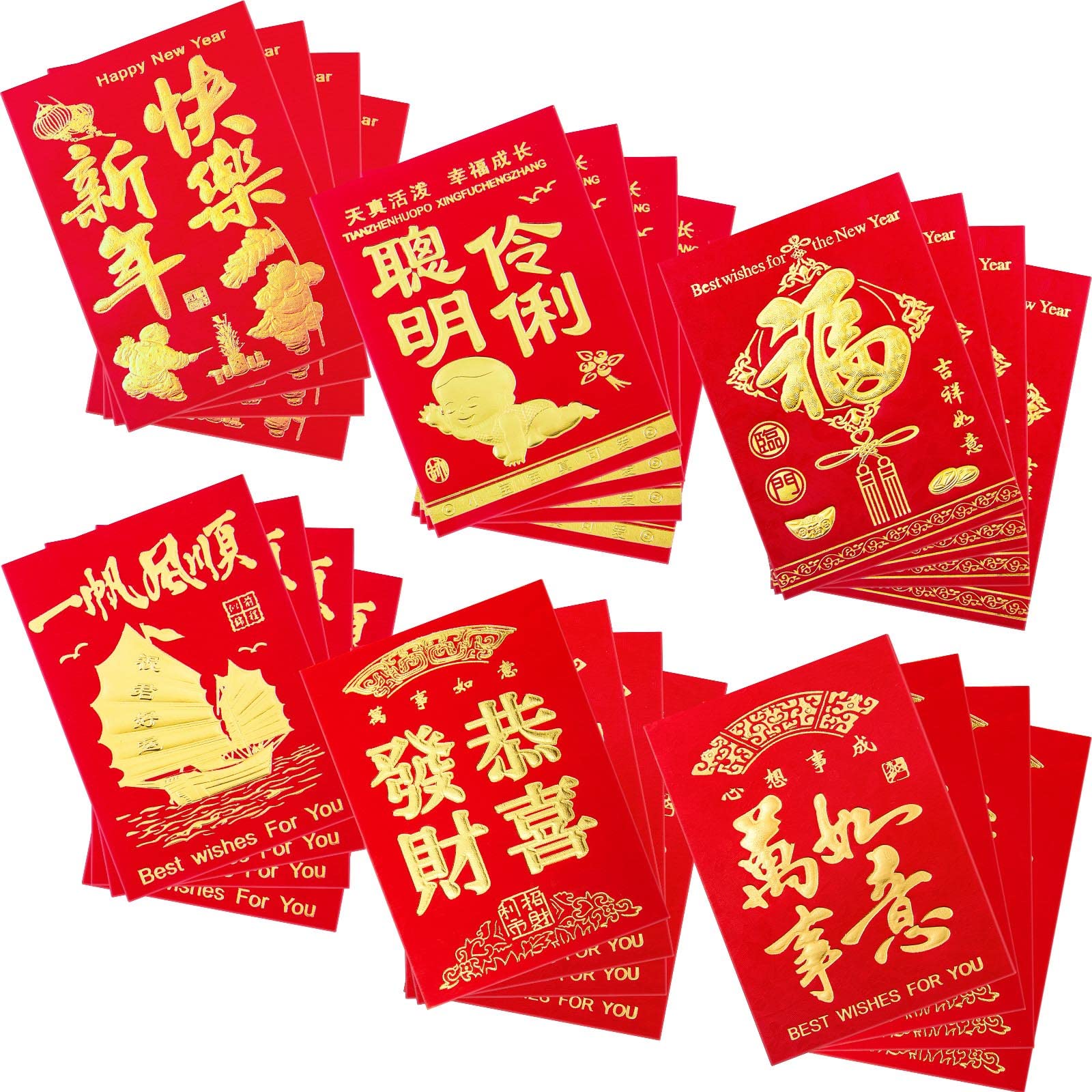 Zonon 48 Pcs Chinese New Year Red Envelopes 2025 Lucky Chinese Red Pocket Traditional Gold Foil Hongbao Chinese New Year Present for Spring Festival Wedding Graduation Birthday Baby Shower