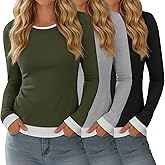 Sweetyweee 3 Pack Women's Long Sleeve Tops Patchwork Crewneck Fake Two Pieces Slim Fit Shirts Color Block Y2k Aesthetic Tee