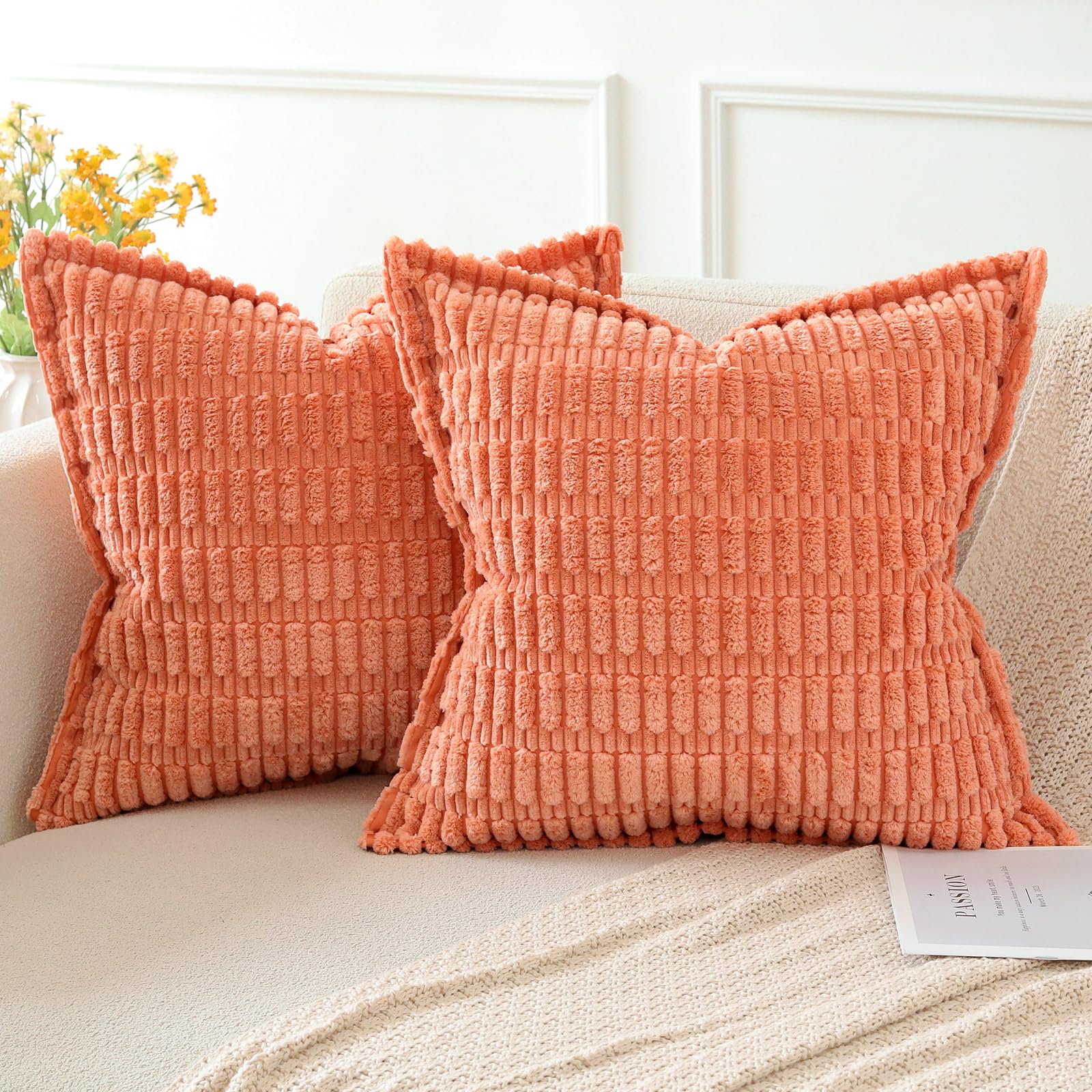 Artscope Coral Cushion Covers Set of 2 Corduroy Decorative Square Striped Pillowcase with Stitched Edge Pillow Covers 50x50cm for Home Decor Sofa Bedroom Car — image 1