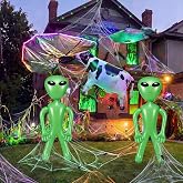 Glimin 3 Pcs Halloween Alien Inflatable Decorations UFO Abducted Cow | Outdoor Yard Decor, Glowing Aliens with UFO Abduction Scene, Party Props, Easy Lawn Setup, Eye-catching Halloween