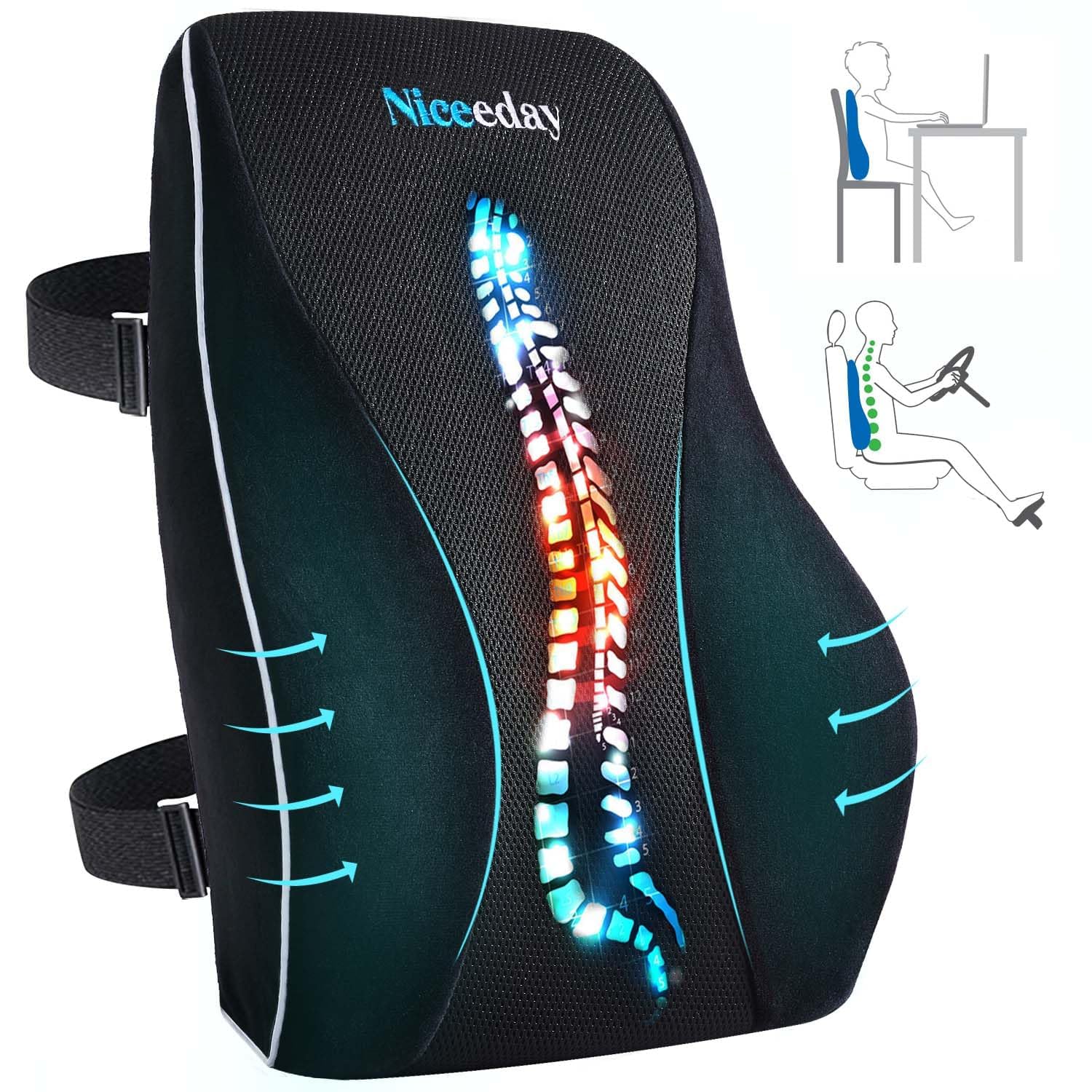 Niceeday Lumbar Support Pillow for Office Chair, Car Lumbar Pillow, Memory Foam Back Support Cushion with Breathable 3D Mesh Back Support for Office Chair Back Support Backrest 3D-Large