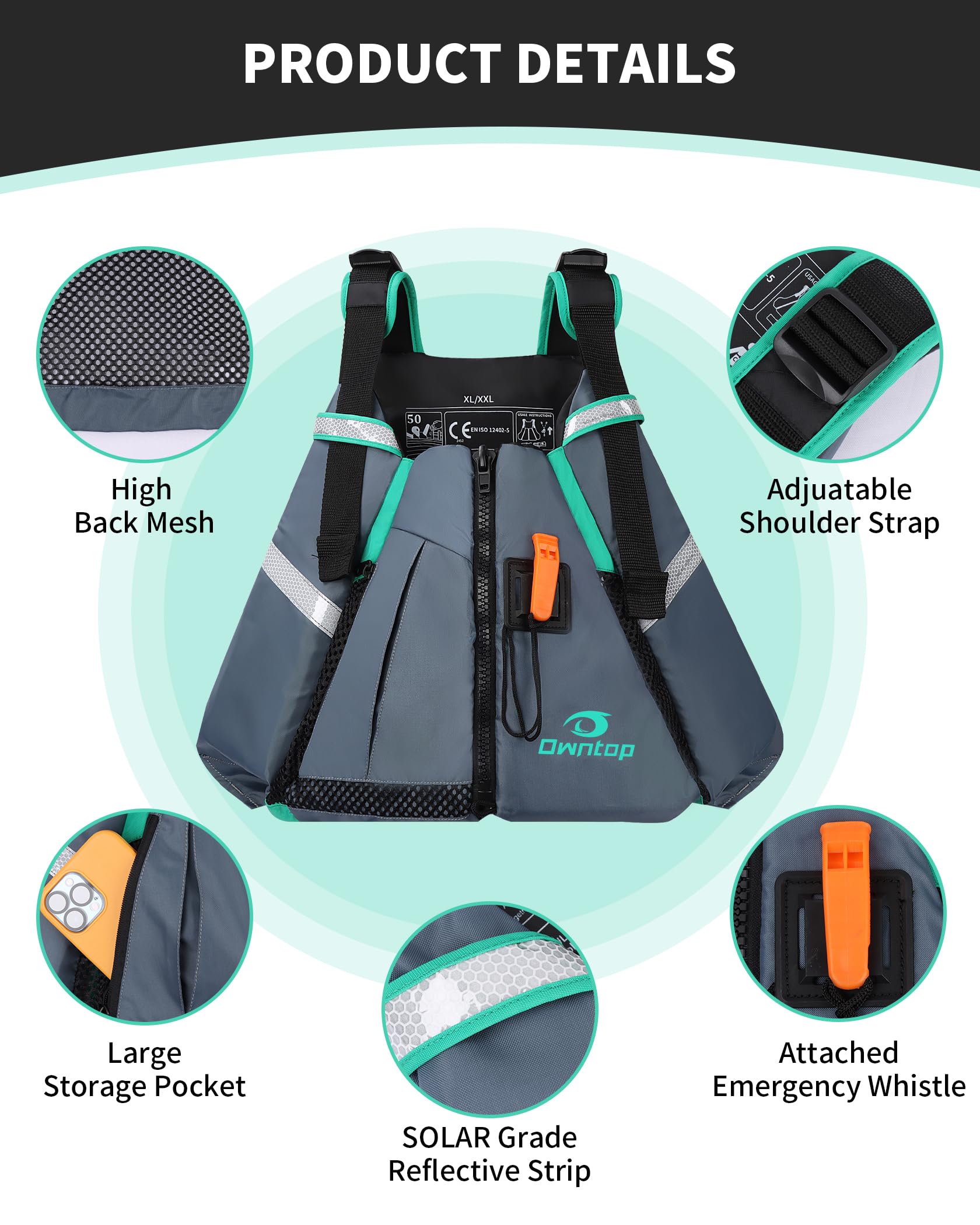 Owntop Swim Vest for Adult, Paddle Sports Swim Jackets with Adjustable Safety Strap, Premium Buoyancy Men Women Float Swim Vests for Kayaking Surfing Boating (Gray, XL/XXL) - view 3