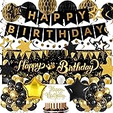Gold Black Birthday Decorations, Happy Birthday Banner, Backdrop, Balloons, Honeycomb Balls, Star Foil Balloons, Stars Hanging Swirls & Cake Topper for Baby Boys Girl Men Women Birthday Decoration