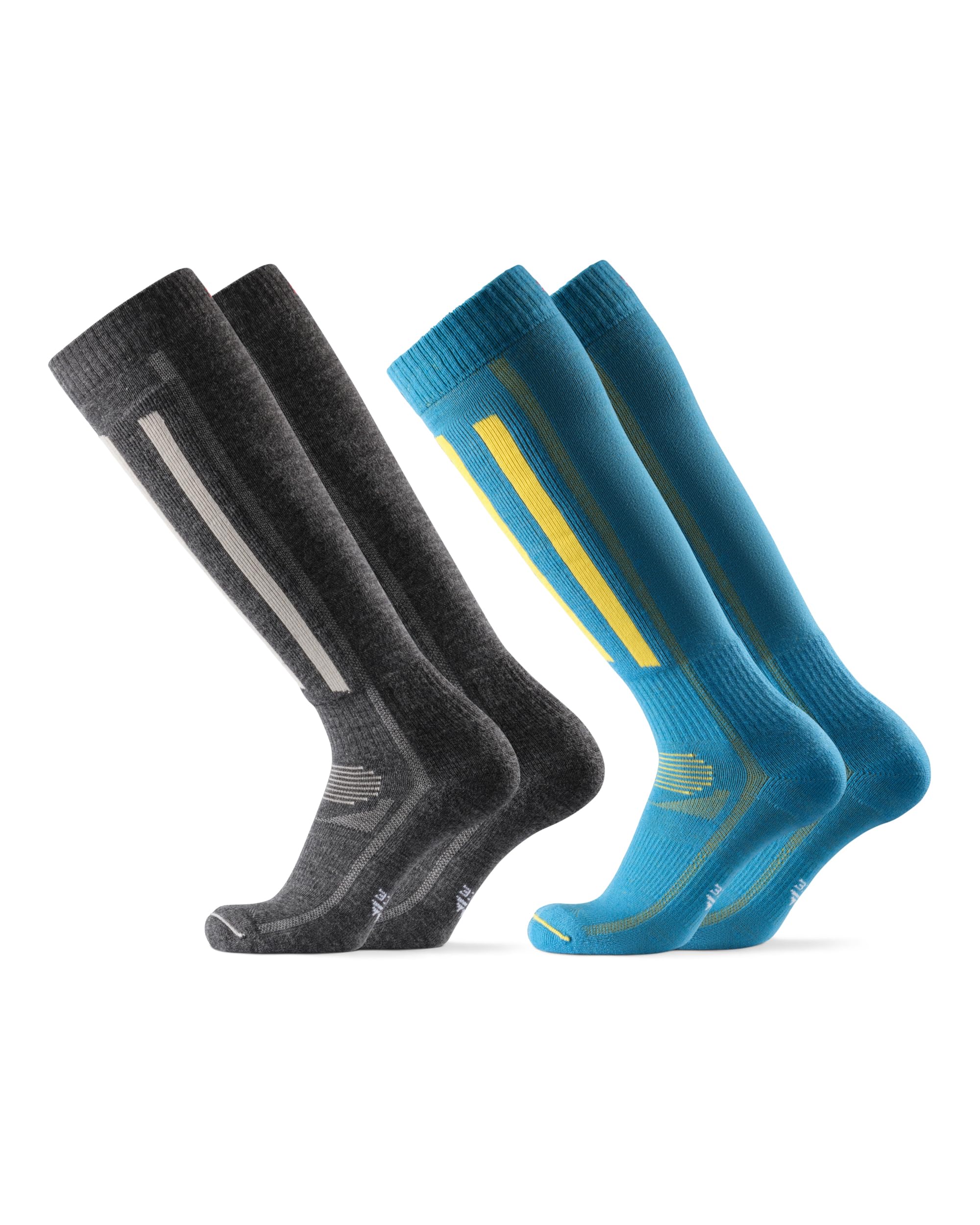 DANISH ENDURANCE Merino Wool Ski Socks, Cushioned Ski & Snowboard Socks, Thermal Knee-High Winter Socks, 2 Pack, Multicolour (1x Blue/Yellow, 1x Dark Grey), 9-12