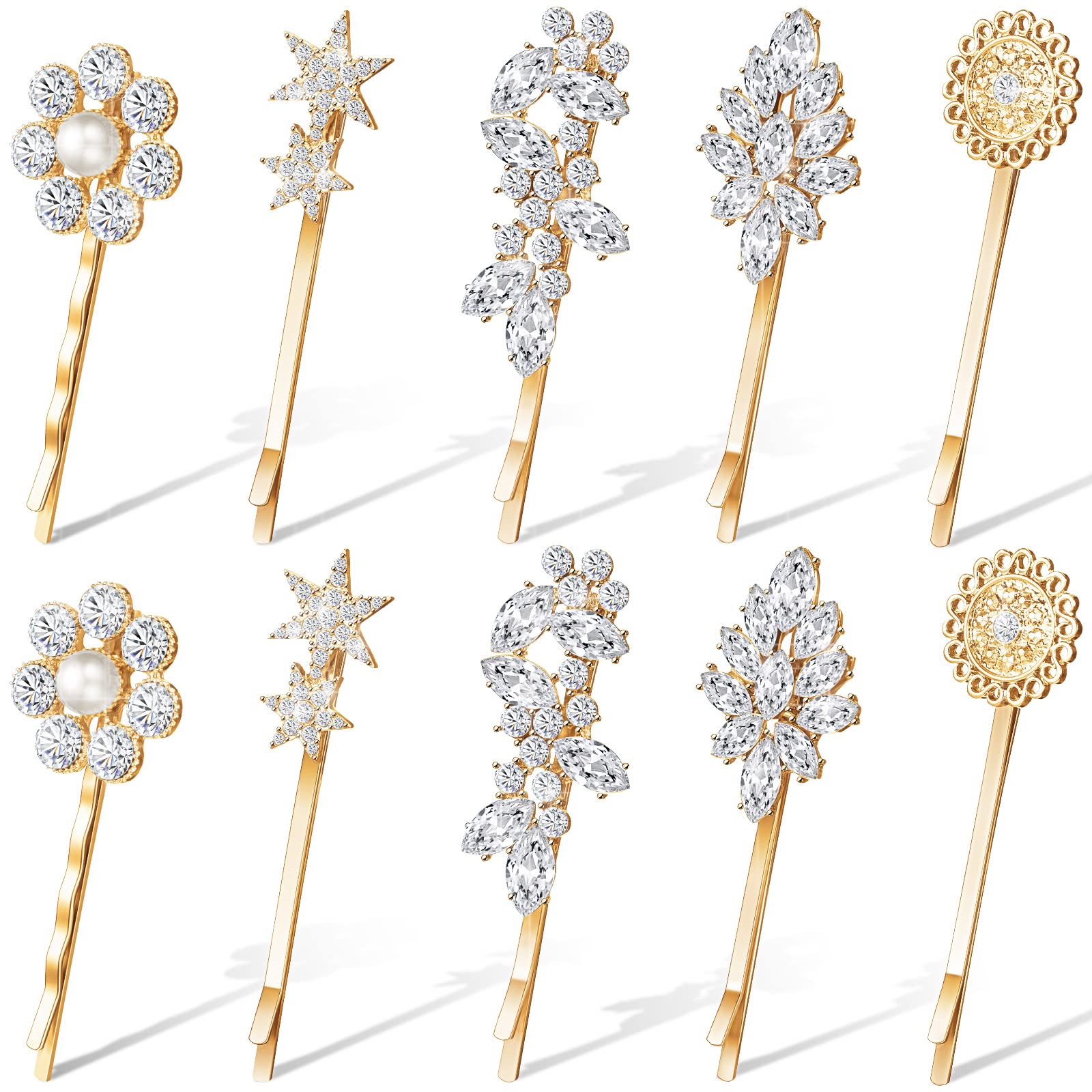 Photo 1 of Waydress 10 Pcs Vintage Hair Pins for Women Vintage Rhinestone Bobby Pin Star Decorative Barrette Flower Leaf Feather Sunflower Metal Hair Accessories(Gold)