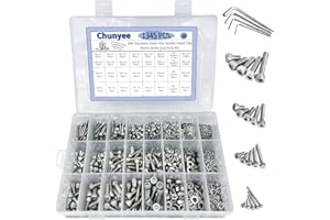 Chunyee 1345Pcs Metric Screw Assortment, M2 M3 M4 M5 Hex Socket Head Cap Machine Screws, 304 Stainless Steel 4mm to 20mm Bolts Nuts Spring Washers Kit, Nuts and Bolts Assortment Kit with 4 Wrenches
