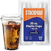 20 oz Clear Plastic Cups with Strawless Sip-Lids [50 Sets] PET Crystal Clear Disposable 16oz Plastic Cups with Lids - Crystal Clear, Durable Cup - BPA Free + Crack Resistant, for Coffee, Juice, Shakes