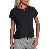 Womens Summer Tops, Cotton Crew Neck Cap Sleeve Loose Fit Shirts, Casual Trendy Lightweight Pullover Basic Tees