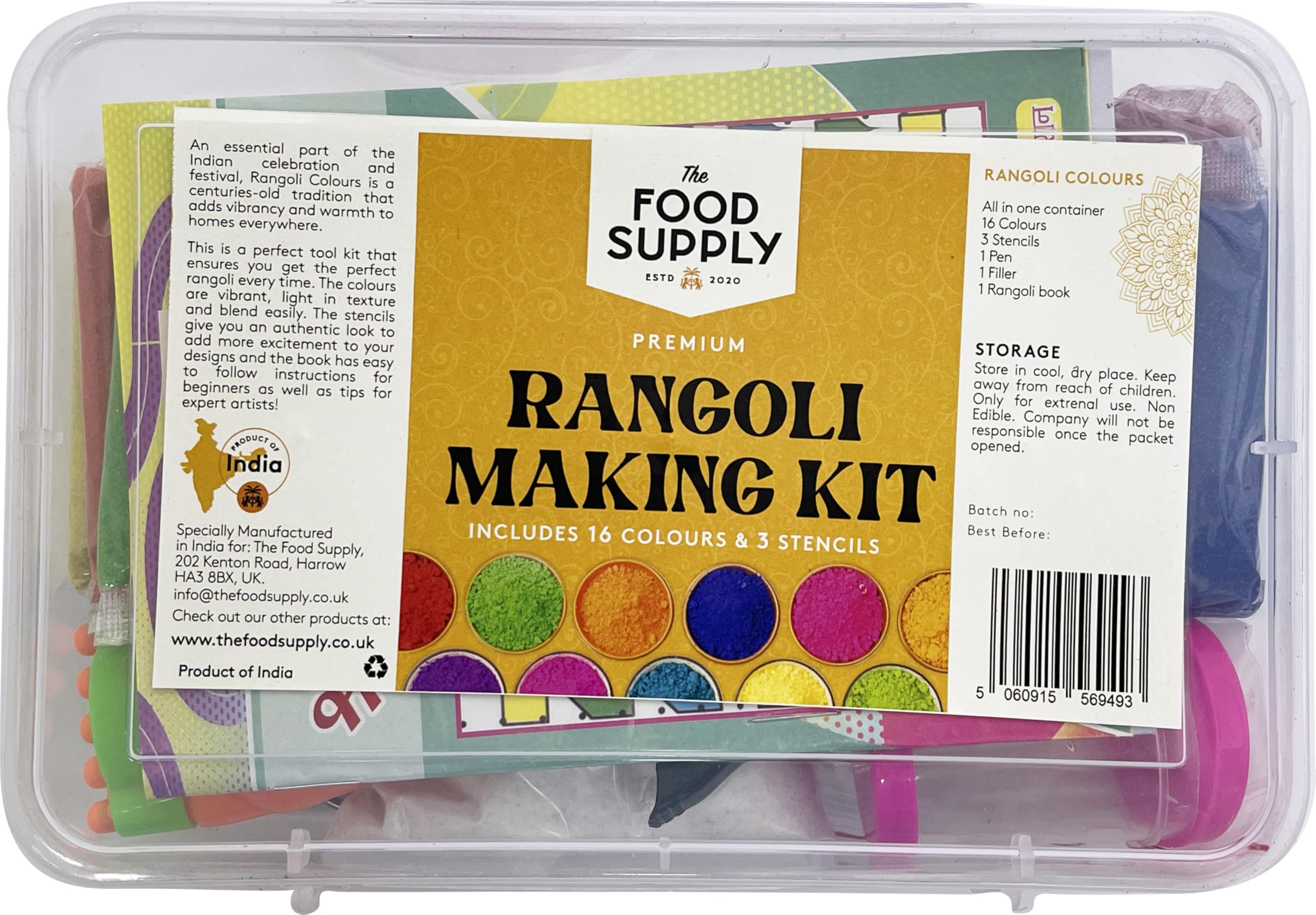 Vibrant Rangoli Making Colour Kit, Rangoli Color Powder Set for Diwali Decor, Home Decoration, Indian Pooja, Sand Art & Craft - Includes 16 Vibrant Colors, 3 Stencils, 1 Pen, 1 Filler, 1 Rangoli Guide