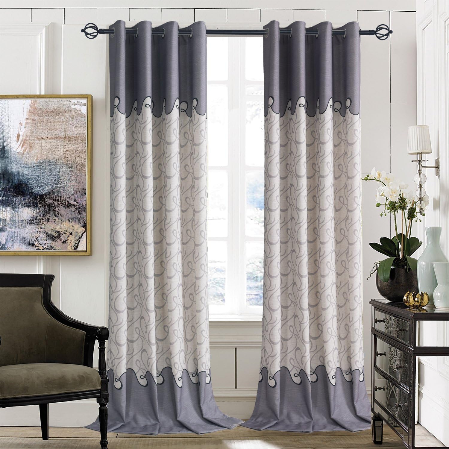 KoTing Blackout Lined 1Panel Curtains Geometry Drape Grey/Gray Wave Curve Window