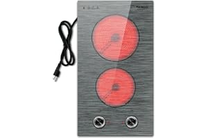 Karienvir Electric Cooktop 2 Burner, 110V Electric Cooktop with Plug 2000W(1400W+600W), Electrics Stove with Knob, 9 Power Levels, Built-in & Countertop 12 Inch Stovetop, Drawing pattern