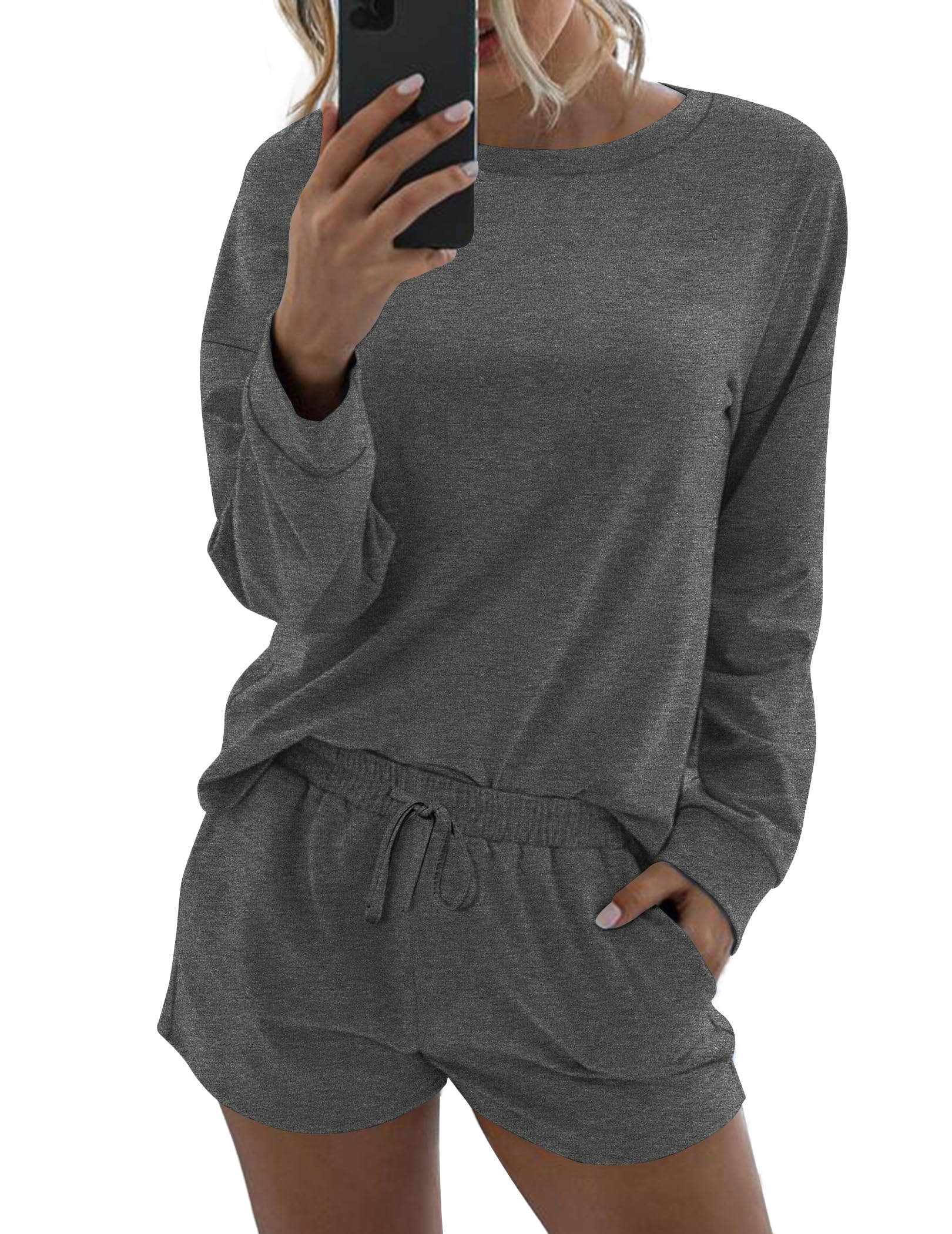 Photo 1 of **MISSING BOTTOMS** Ekouaer Womens Pajama Sets 2 Piece Lounge Set Casual Long Sleeve With Lounge Shorts Loungewear Matching Sweatersuit Outfits Sleepwear Grey SIZE LARGE