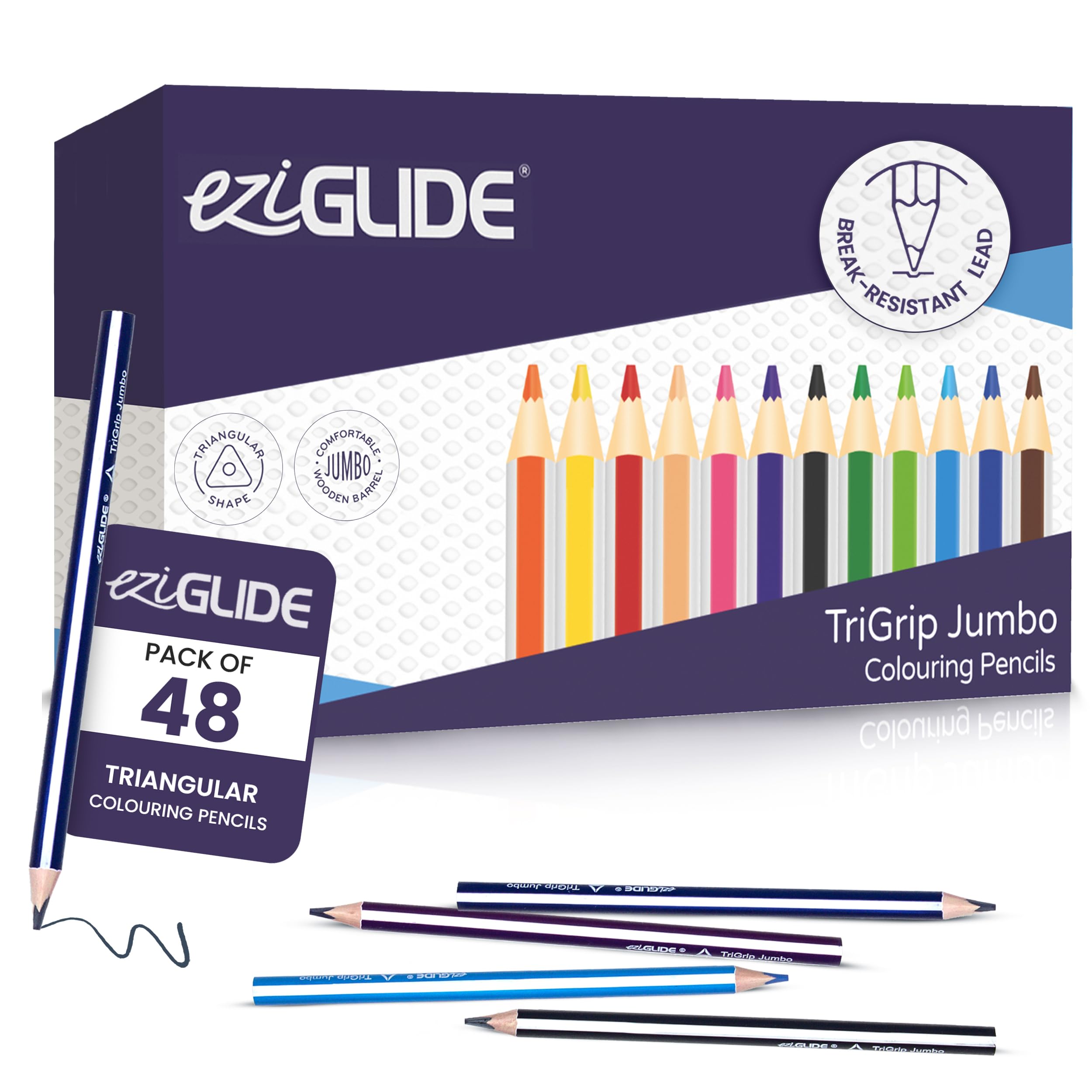 Eziglide Jumbo TriGrip Colouring Pencils, Tub of 48 Triangular Pencils, Break resistant super bonded lead, 12 Assorted high pigment colours, Improves children's pencil grip, comfort and control — image 1
