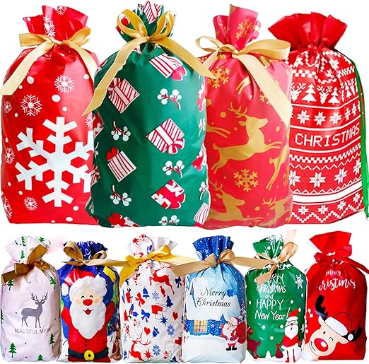 50pcs Drawstring Christmas Wrapping Bags Set Christmas Drawstring