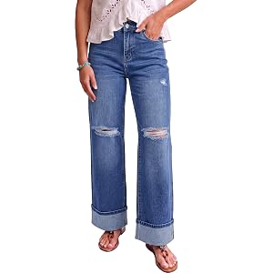 luvamia Wide Leg Jeans for Women High Waisted Stretchy Ripped Denim Pants | Cuffed Ripped Jeans Womens, 90s Baggy Straight, 2