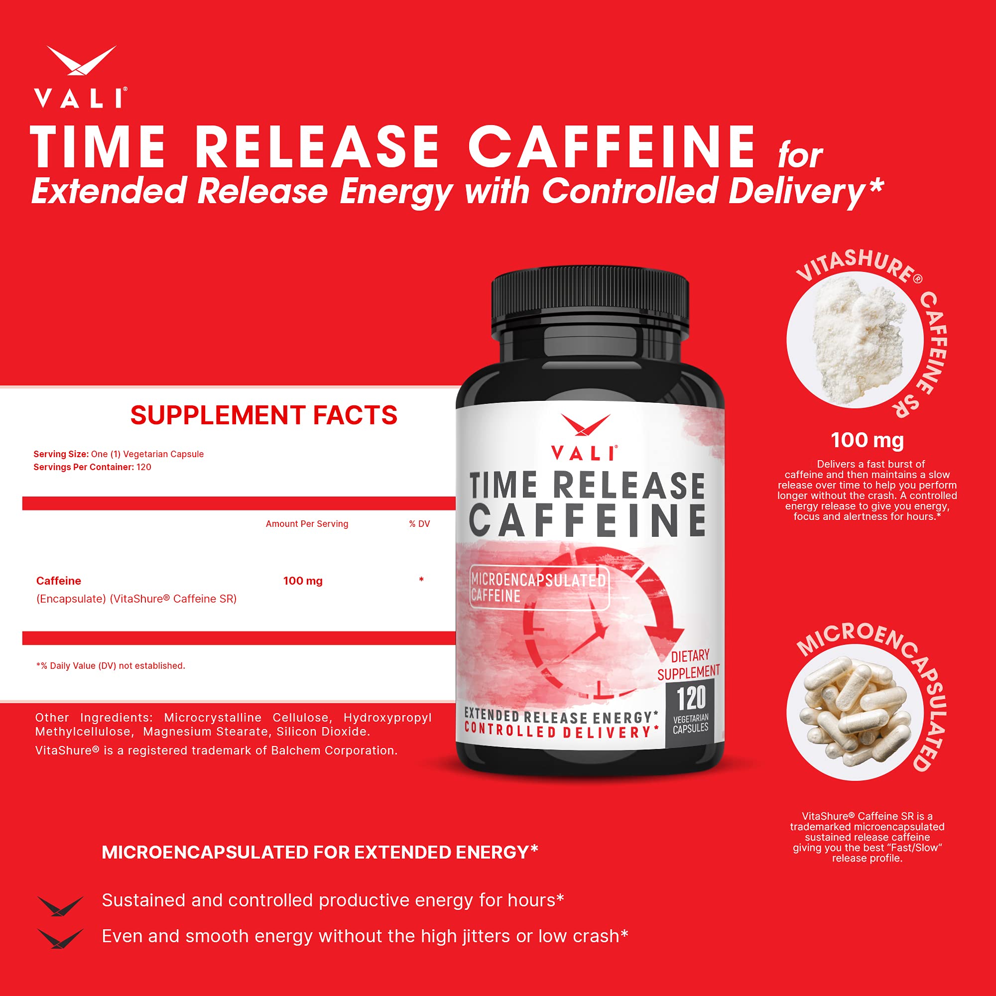 VALI Time Release Caffeine 100mg Capsules- Smart Slow Release for Extended Energy & Focus. Advanced Nootropic Supplement. Brain Booster Active Performance, Alertness & Clarity. 120 Veggie Capsules