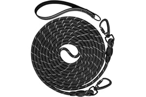 Aiyuda 30ft Long Dog Leash | Neoprene Padded Handle | Lockable Heavy Duty Clip | Handle Removable for Temporary Tie Out | Dog Training,Hiking,Camping,Playing Outside or in Yard | Black, 3/8" Thick