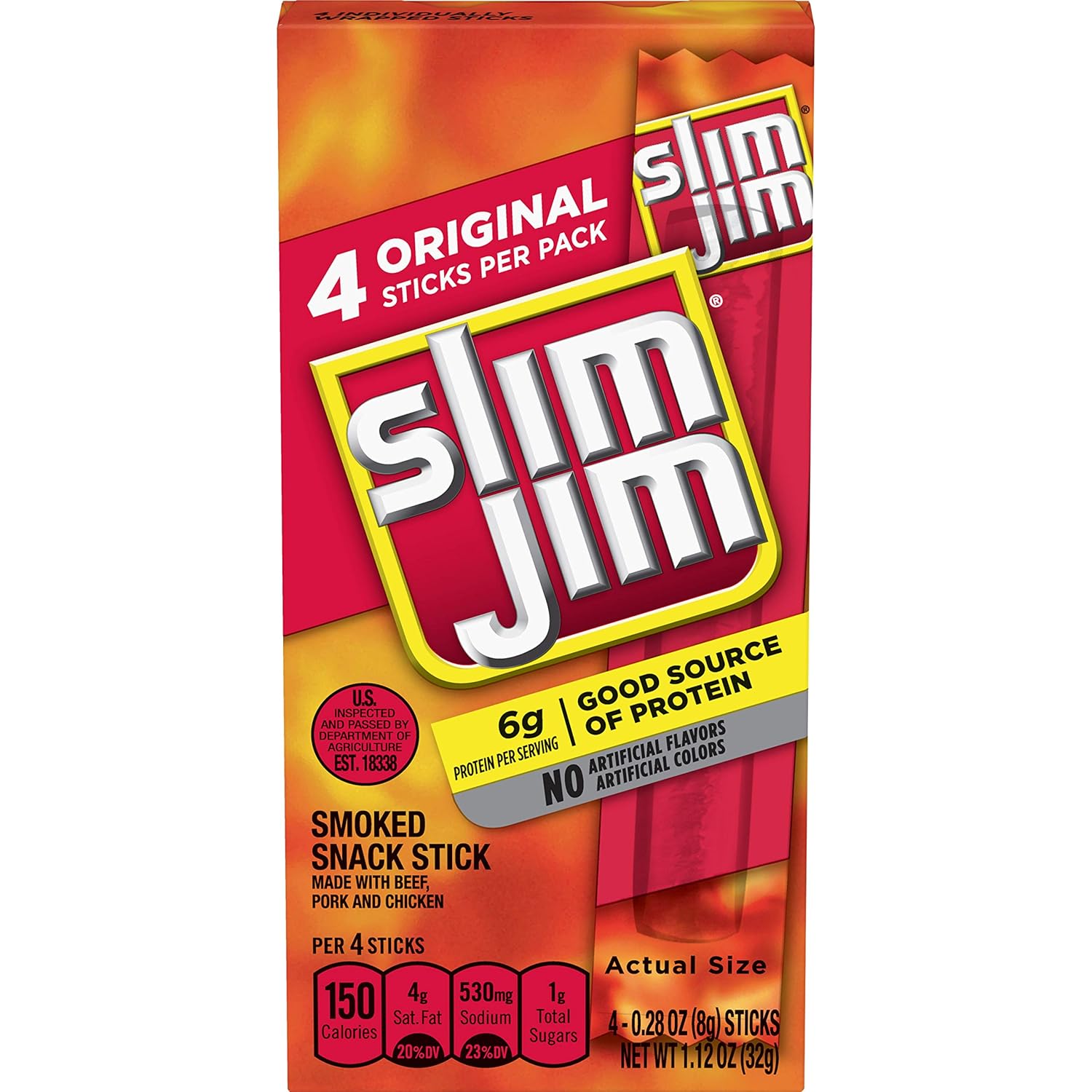Slim Jim Snack-Sized Smoked Meat Stick, Original Flavor, 1.12 Oz.