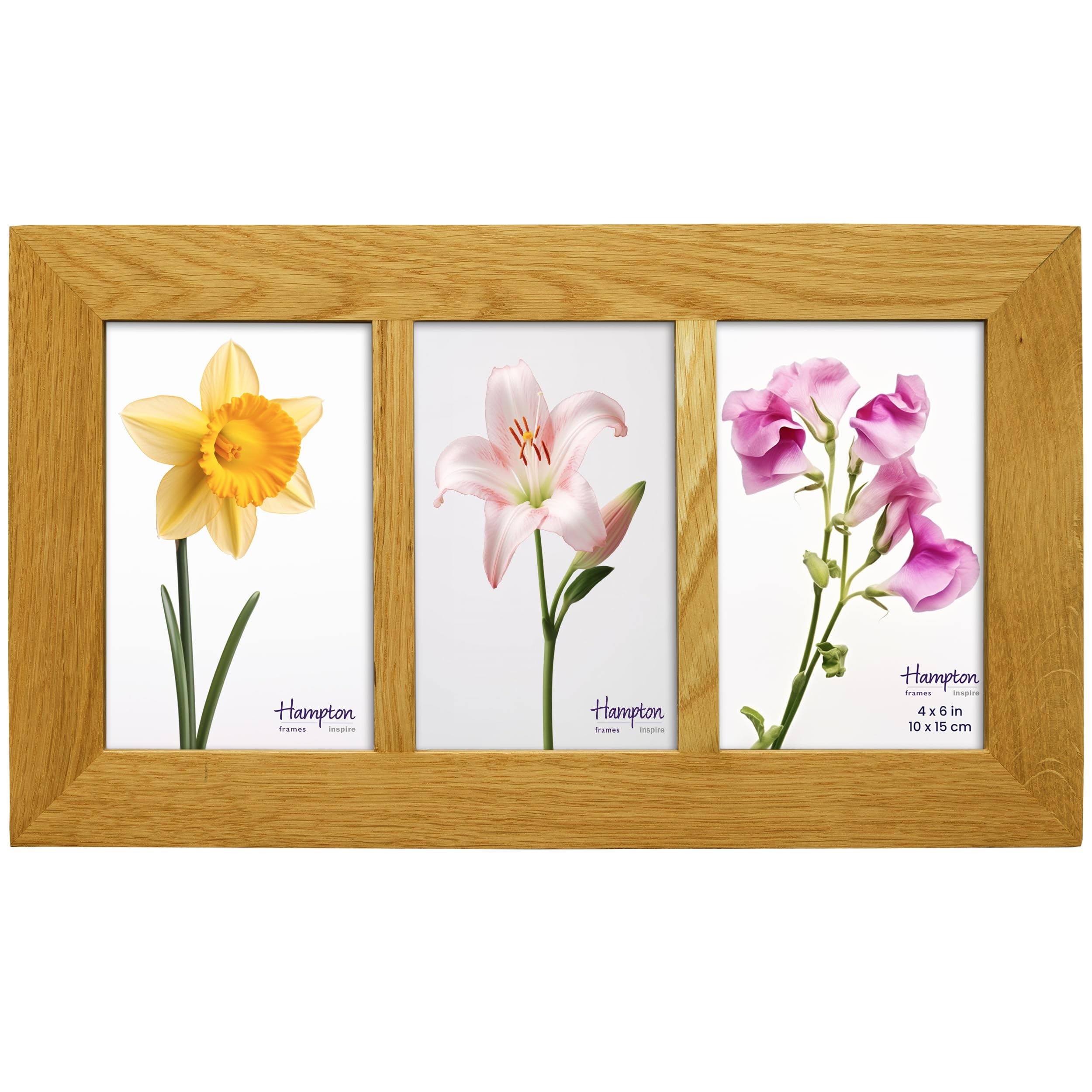 inspire by Hampton Frames | OAKRIDGE Triple 4x6 Photo Frame, Natural Oak, Polished Wood, Acrylic Front | Multi Aperture, Freestanding or Wall Mount | Display Memories, Picture Frame