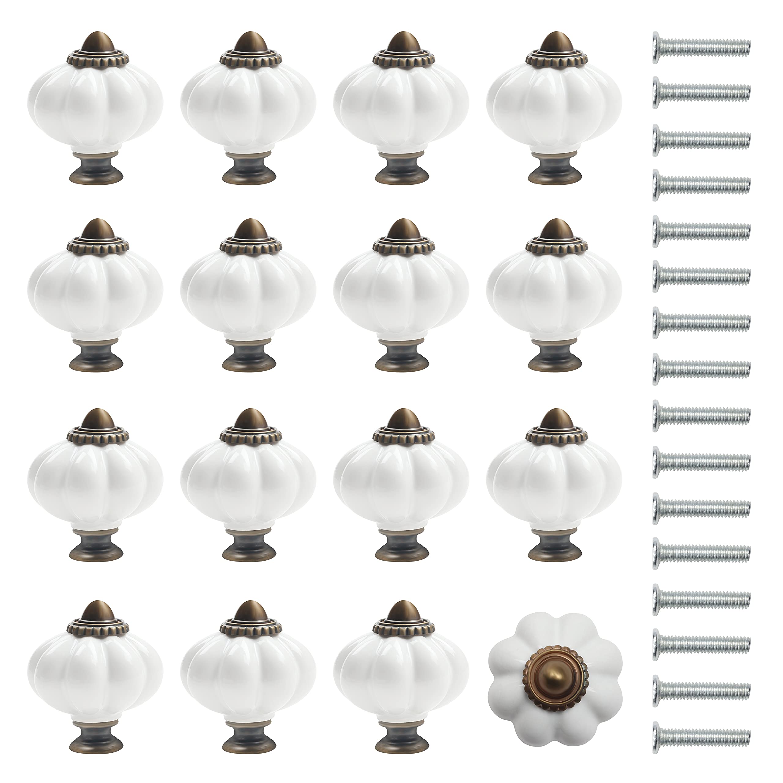 Kurtzy White and Bronze Pumpkin Ceramic Knobs with Screws (16 Pack) - 3.4 x 3.8cm/1.34 x 1.5 Inches - Round Vintage Pull Handles for Home & Office Furniture - Kitchen Cabinet, Drawers & Cupboard Doors
