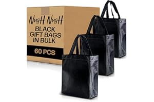 Nush Nush Set of 60 Shiny Black Gift Bags in Bulk - Reusable Black Gift Bags Medium Size - Metallic Party Favors Bags With Handles For Small Business Use, Gifting Events, Birthdays- 8Wx4Dx10H Size