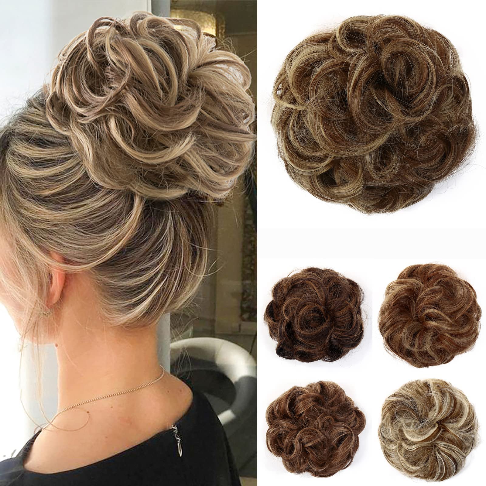 JJstar Messy Hair Bun Curly Wavy Hair Scrunchies Accessories Pieces for Women Girls Synthetic Chignons (Brunette/Ash Blonde)