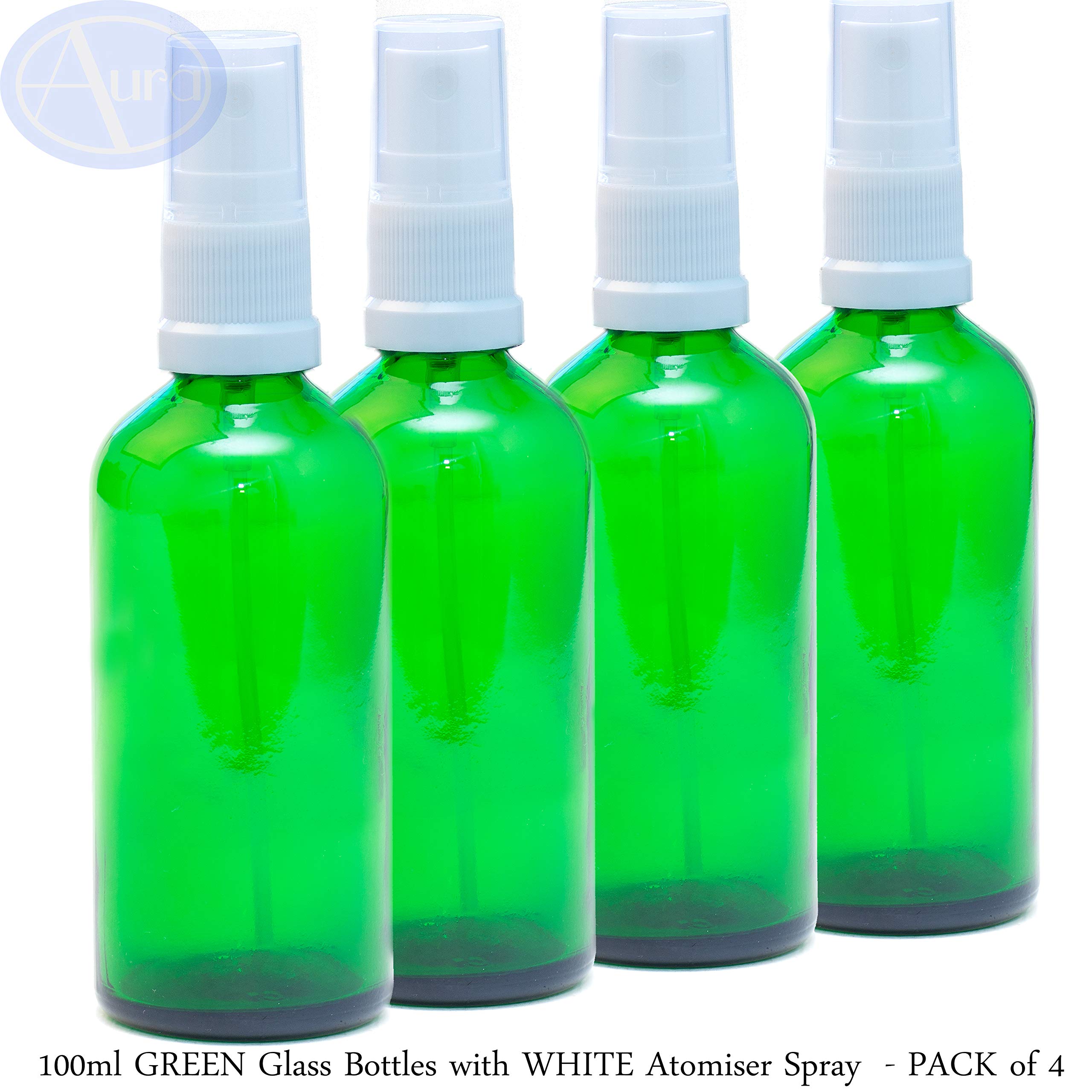 Aura 100ml GREEN Glass Bottles with White ATOMISER Sprays - PACK of 4