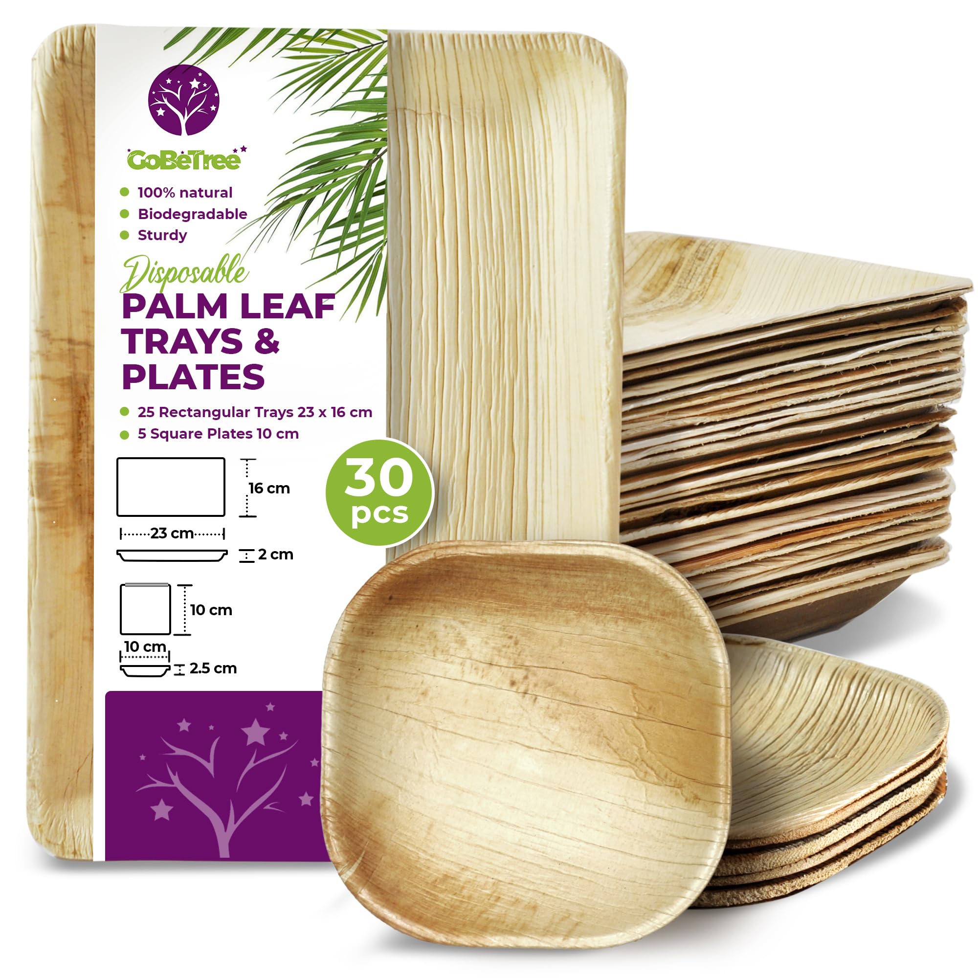 GoBeTree Disposable Palm Leaf Trays 30 Pieces, 25 Rectangular Tray of 9" x 7" and 5 Square Plates of 4". Rustic Wooden Tableware for barbecues and Birthdays.